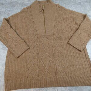 Talbots Plus Sweater 1X Tan 1\4 Zip Cable Cozy Pullover